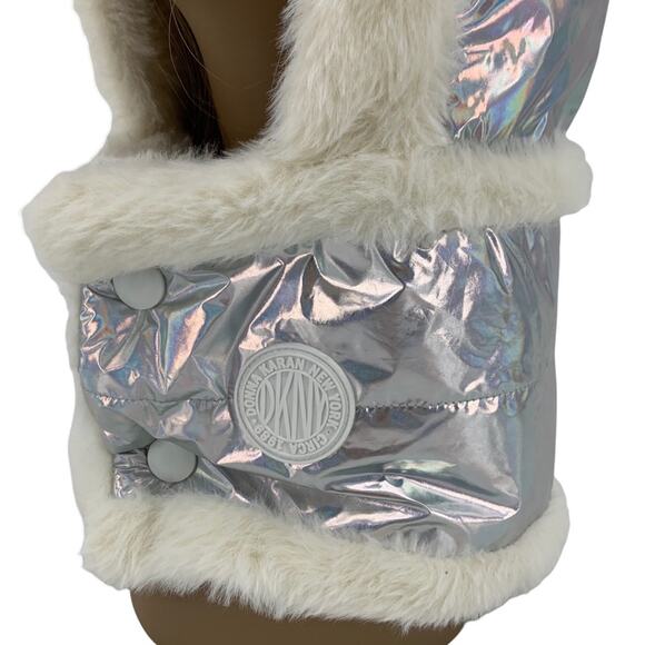 DKNY Logo Detached Puffer Hood Iridescent Metallic Shell + Faux Fur Lined Hat - Picture 4 of 15